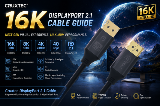 Cruxtec DisplayPort 2.1 cable guide hero image for high-refresh displays