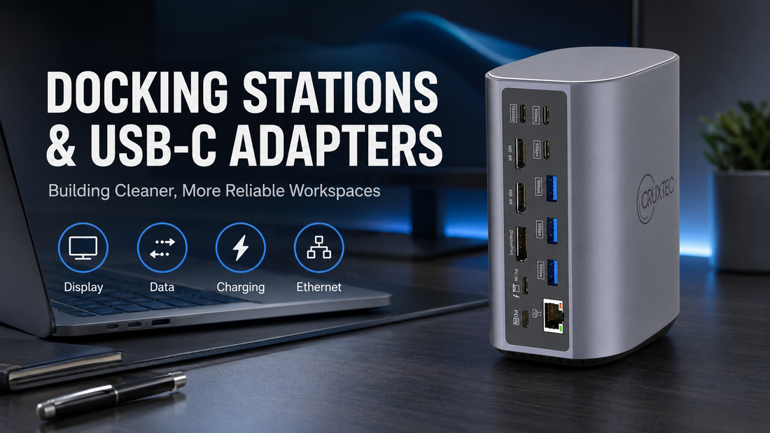 Cruxtec docking station and USB-C adapter workspace hero image