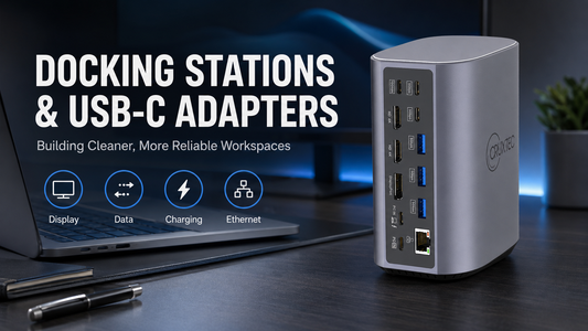 Cruxtec docking station and USB-C adapter workspace hero image