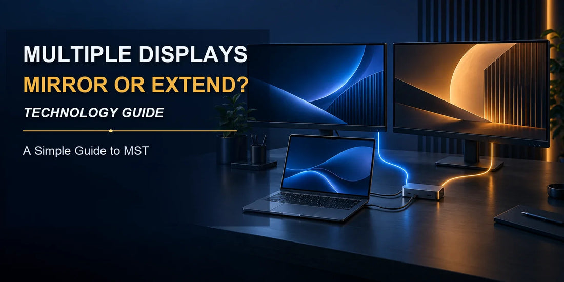 Laptop connected to two external monitors for a guide to mirror, extend and MST display modes