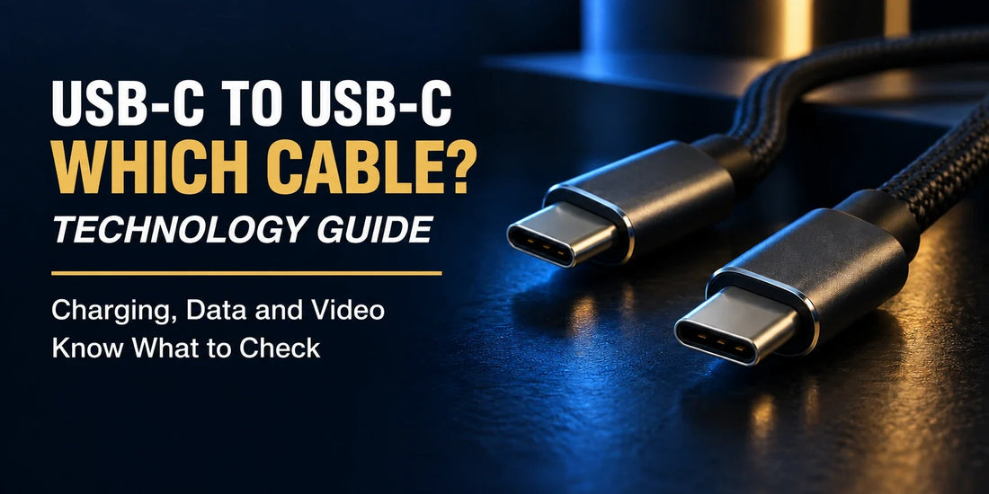Illustration of two generic USB-C cable connectors for a guide to charging, data and video specifications