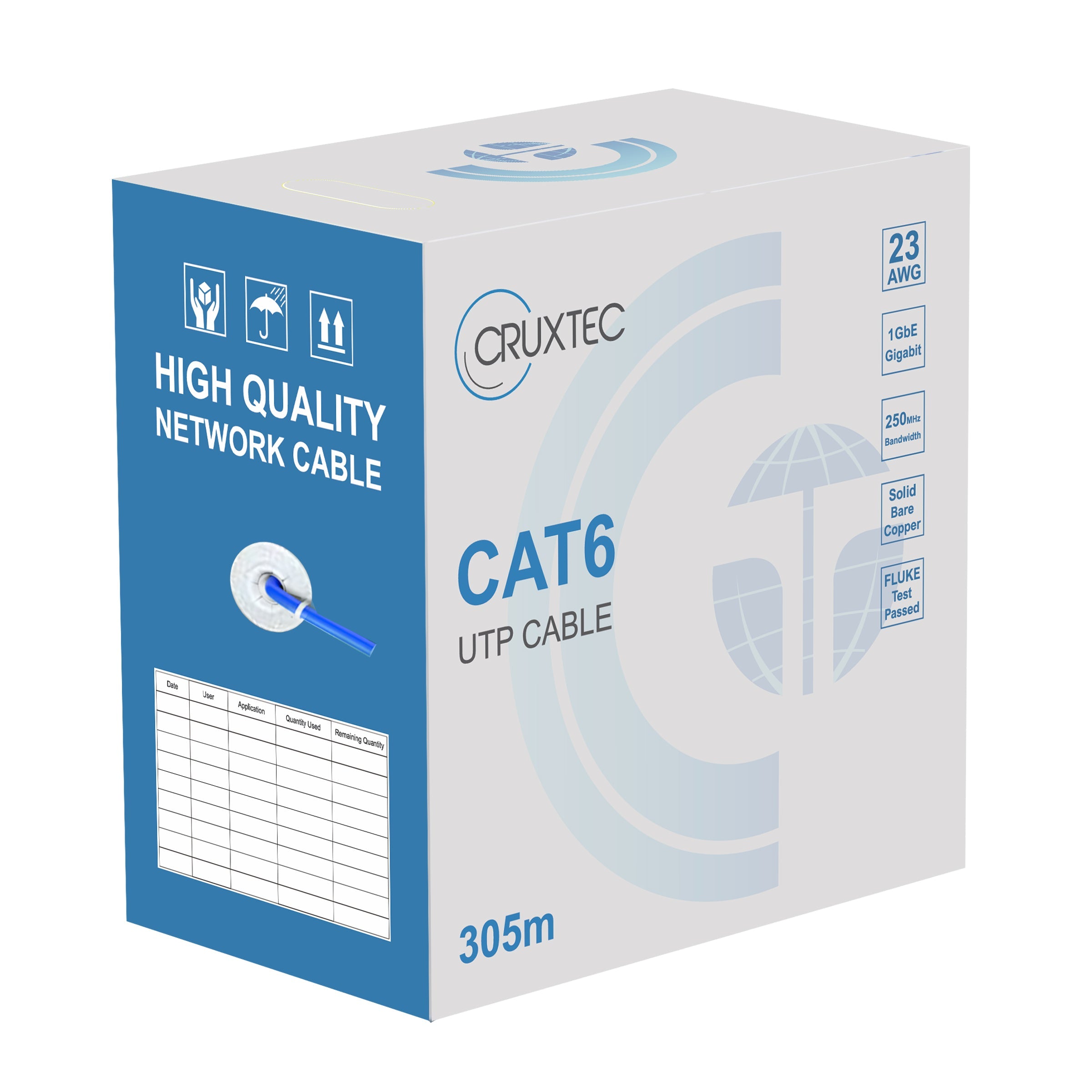 Cruxtec CAT6 UTP Solid Bare Copper Ethernet Cable Reel Box (Blue 305m) image