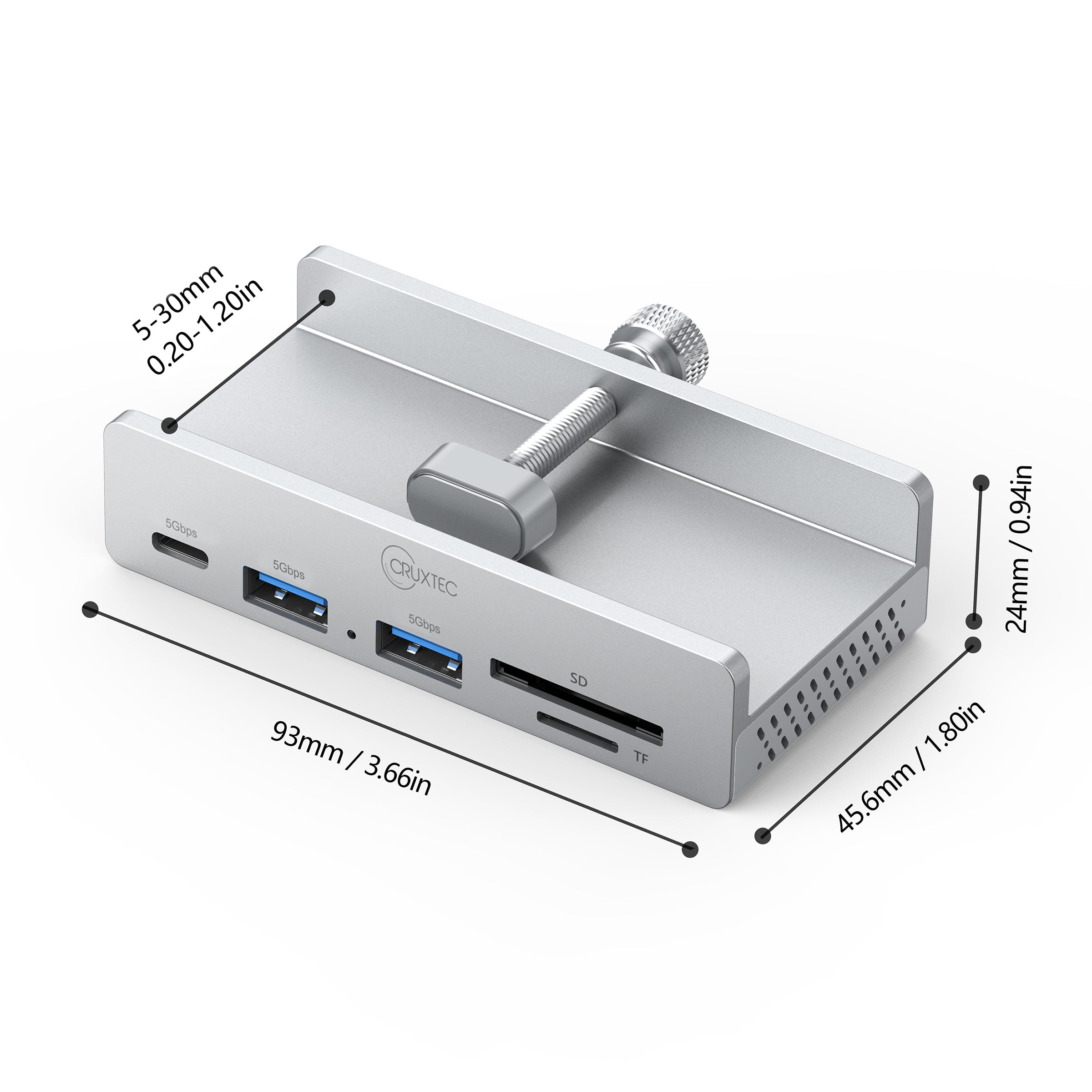 Cruxtec 5-Port Clamp-Mounted USB 3.0 Hub with Type-C Power Port and Card Reader image