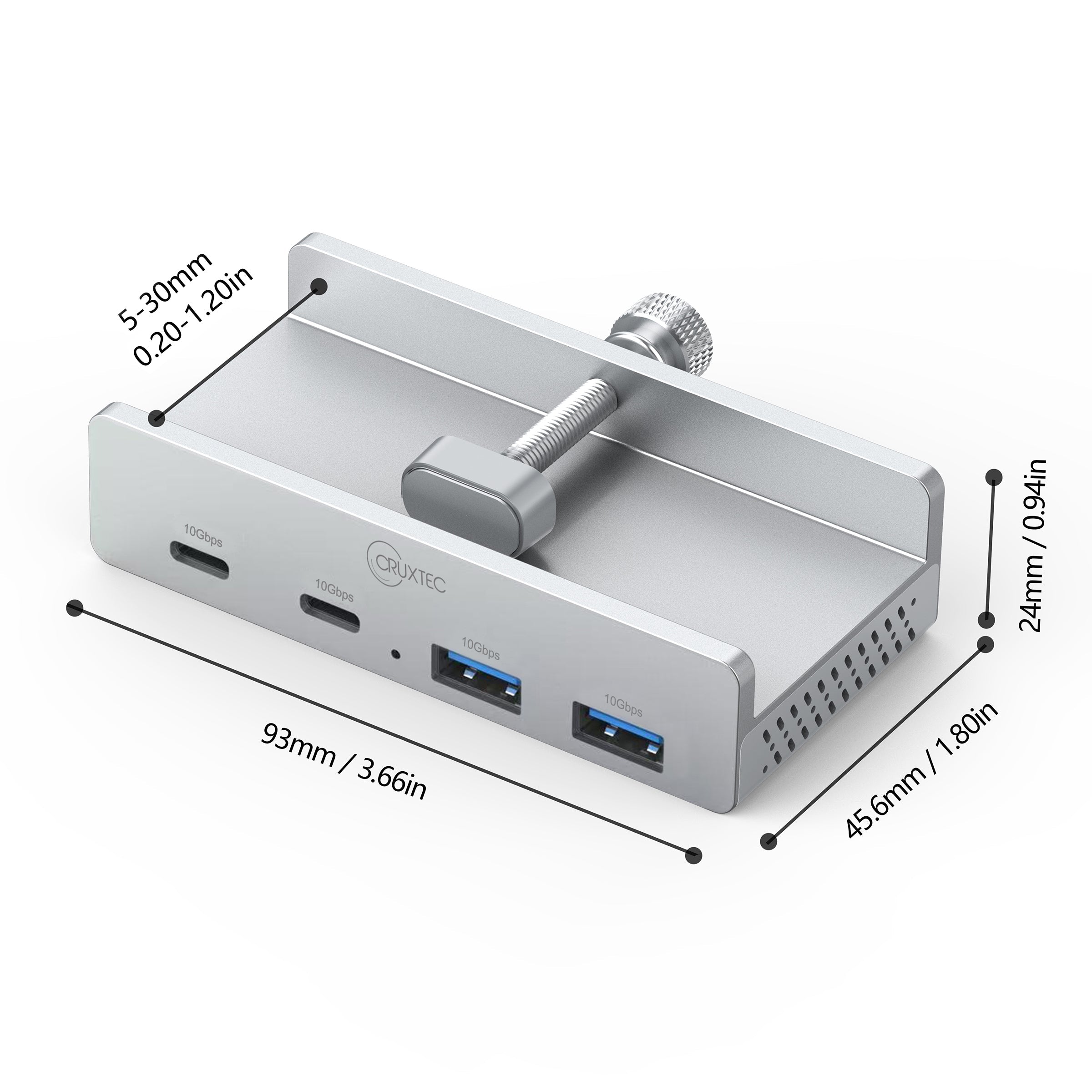Cruxtec 4-Port Clamp-Mounted USB 3.1 Gen2 10Gbps Hub with Type-C Power Port image