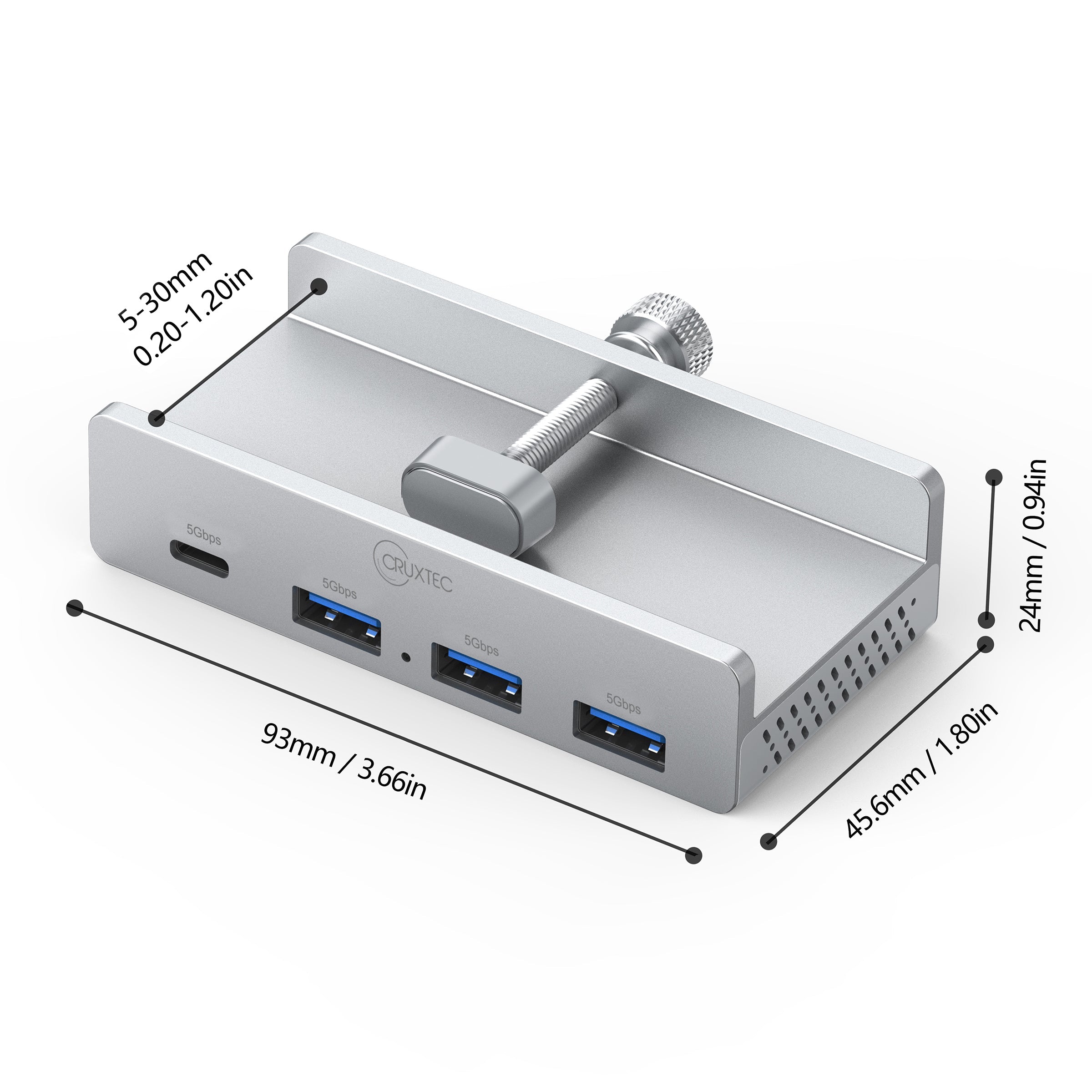 Cruxtec 4-Port Clamp-Mounted USB 3.0 Hub with Type-C Power Port image
