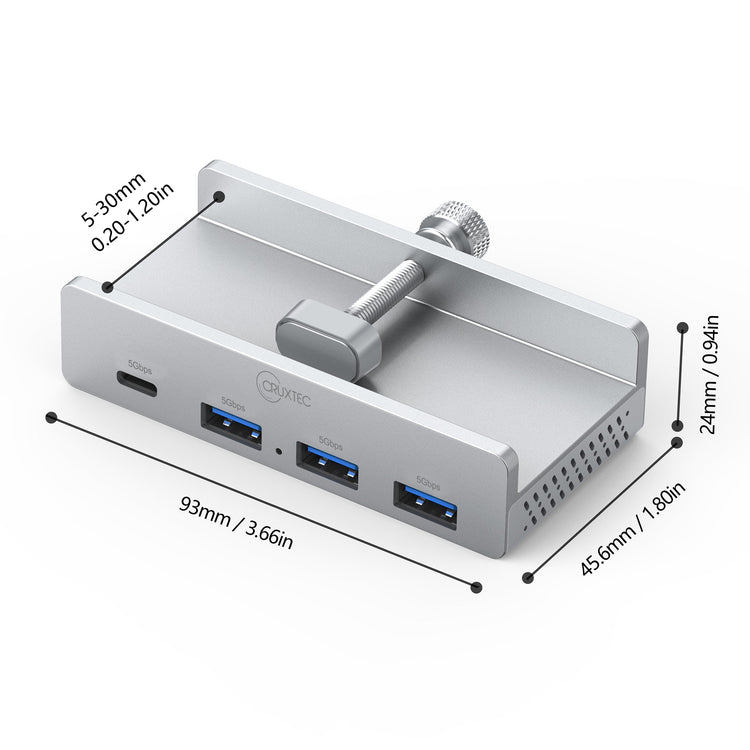 Cruxtec 4-Port Clamp-Mounted USB 3.0 Hub with Type-C Power Port image