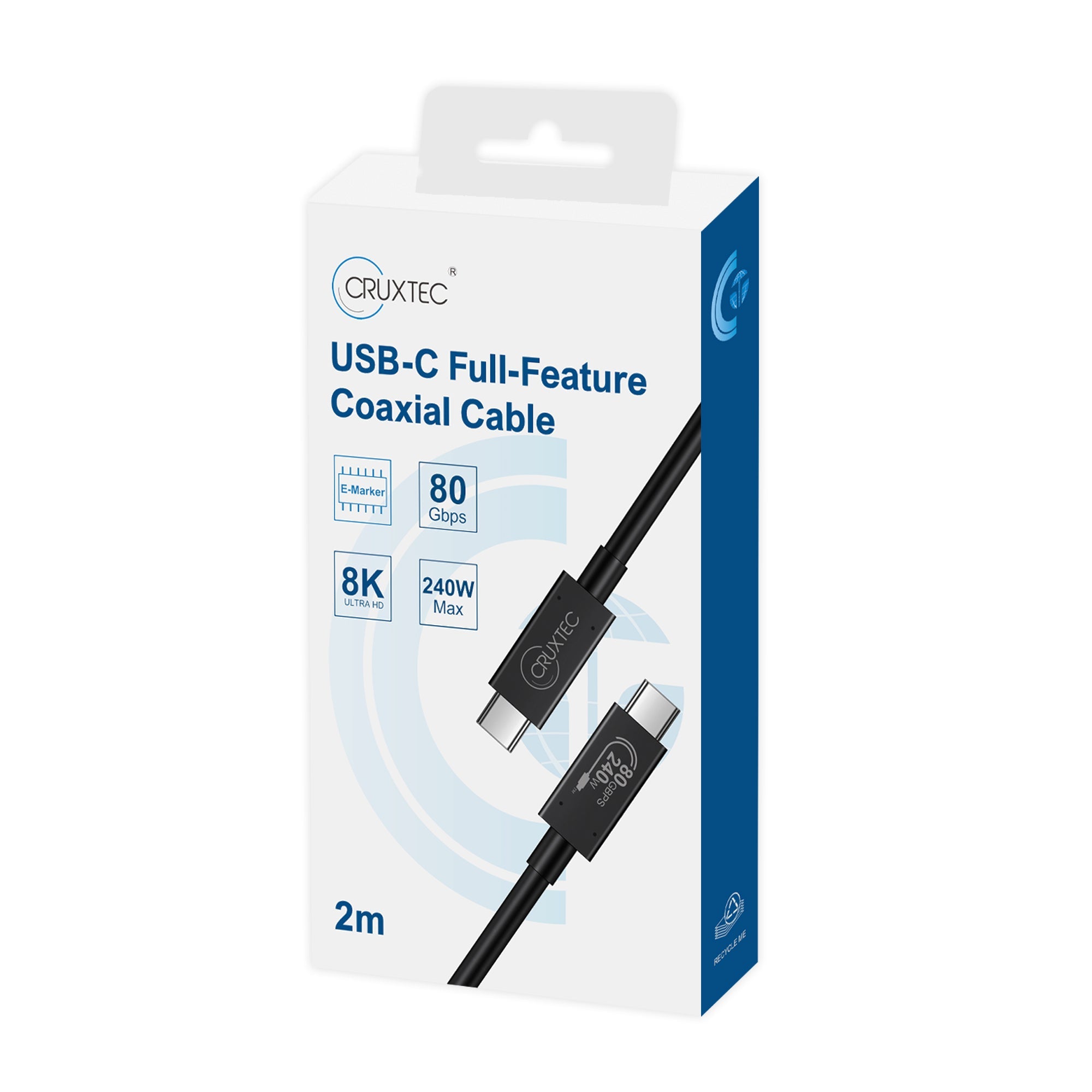 Cruxtec USB4 USB-C Full-Feature Coaxial Cable ( 240W , 80Gpbs , ) 8K@60Hz / 4K@120Hz (2m) image