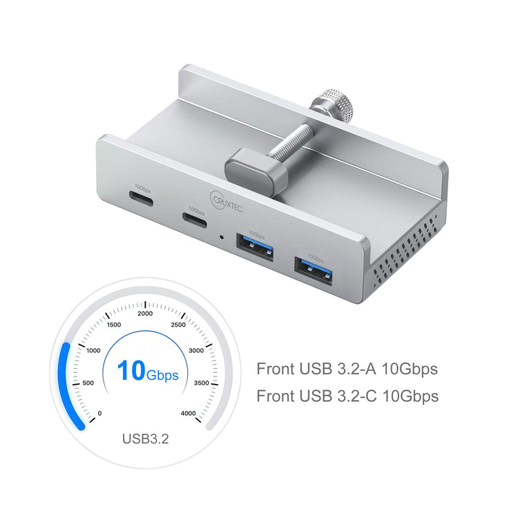 Cruxtec 4-Port Clamp-Mounted USB 3.1 Gen2 10Gbps Hub with Type-C Power Port image