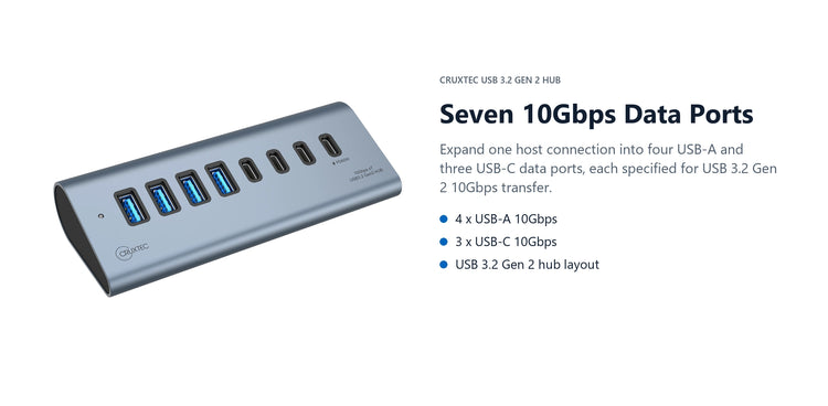 Cruxtec USB 3.2 Gen 2 7-Port Hub with PD 60W Output (Space Grey) seven 10gbps data ports detail image