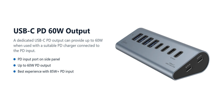 Cruxtec USB 3.2 Gen 2 7-Port Hub with PD 60W Output (Space Grey) usb-c pd 60w output detail image
