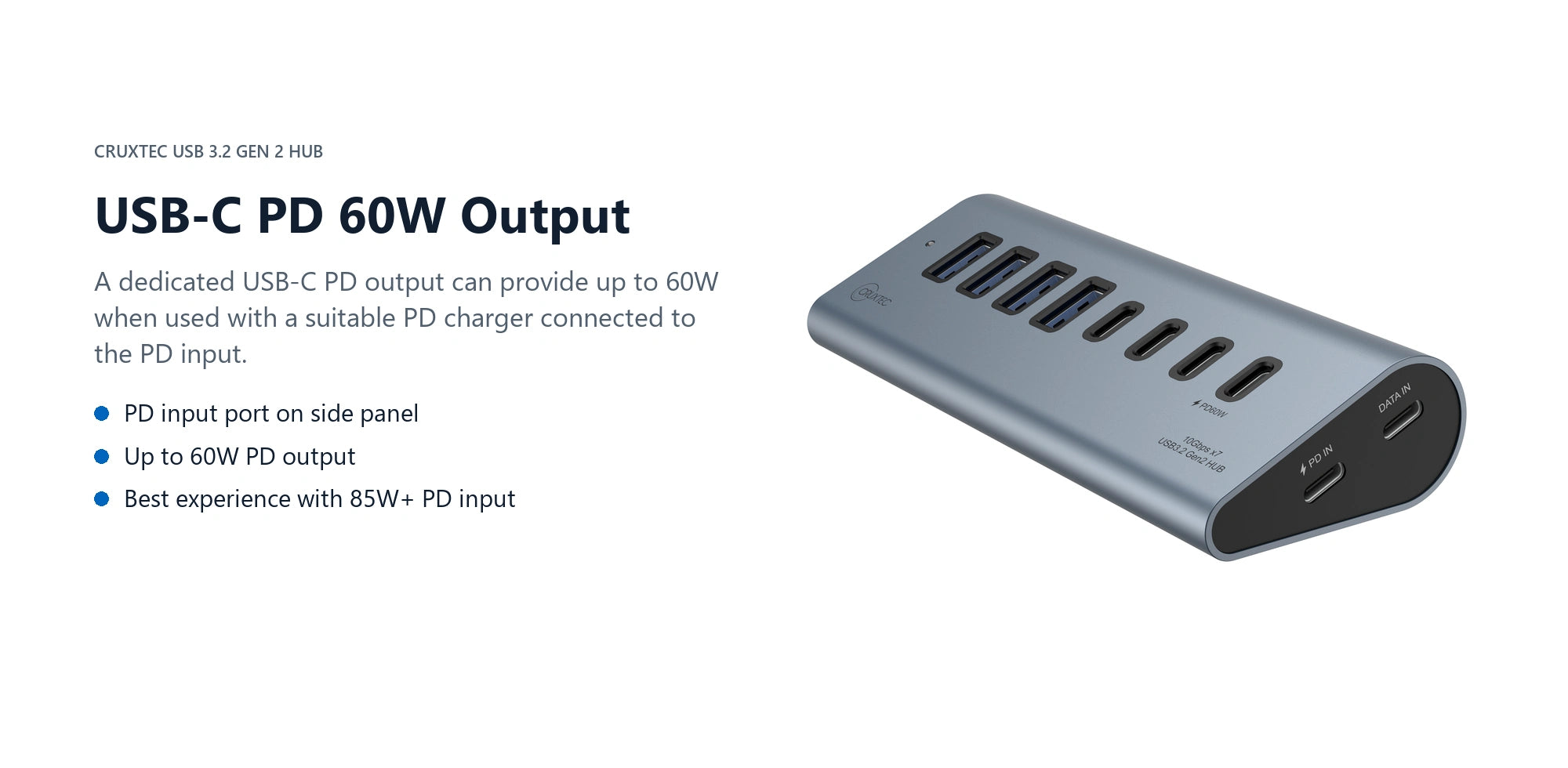 Cruxtec USB 3.2 Gen 2 7-Port Hub with PD 60W Output (Space Grey) usb-c pd 60w output detail image