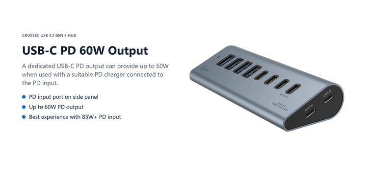 Cruxtec USB 3.2 Gen 2 7-Port Hub with PD 60W Output (Space Grey) usb-c pd 60w output detail image