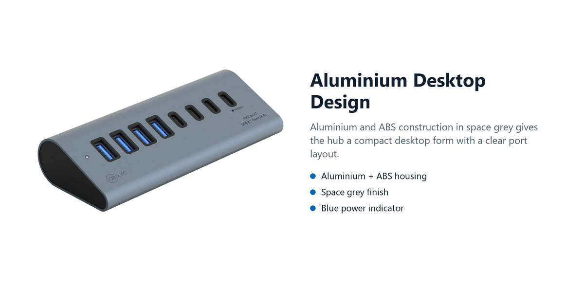 Cruxtec USB 3.2 Gen 2 7-Port Hub with PD 60W Output (Space Grey) aluminium desktop design detail image