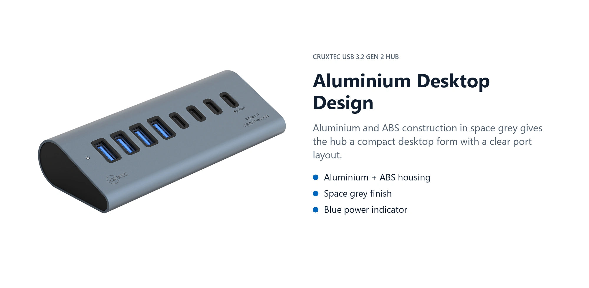 Cruxtec USB 3.2 Gen 2 7-Port Hub with PD 60W Output (Space Grey) aluminium desktop design detail image