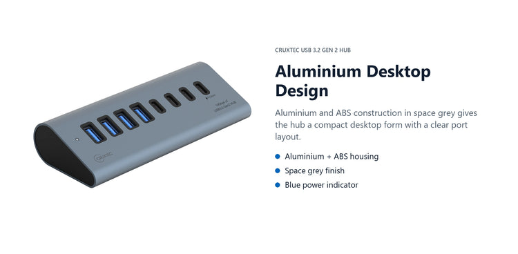 Cruxtec USB 3.2 Gen 2 7-Port Hub with PD 60W Output (Space Grey) aluminium desktop design detail image