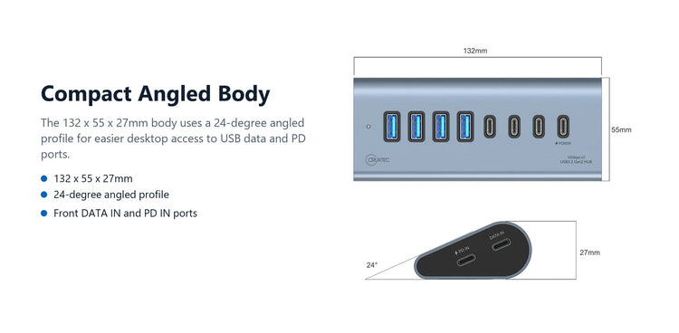 Cruxtec USB 3.2 Gen 2 7-Port Hub with PD 60W Output (Space Grey) compact angled body detail image