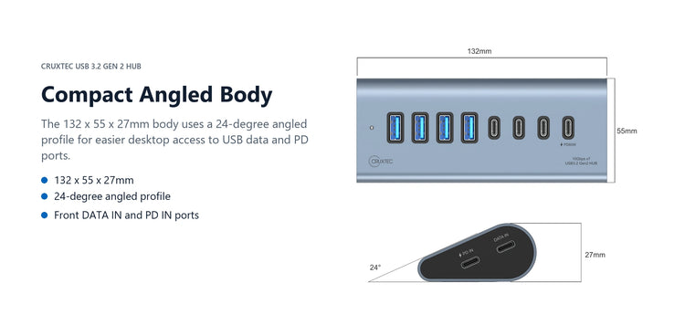 Cruxtec USB 3.2 Gen 2 7-Port Hub with PD 60W Output (Space Grey) compact angled body detail image