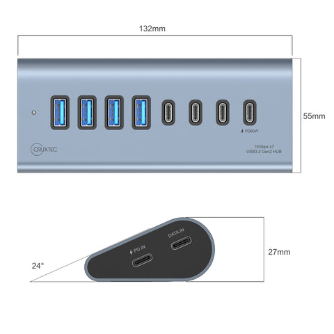 Cruxtec USB 3.2 Gen 2 7-Port Hub with PD 60W Output (Space Grey) product image 8