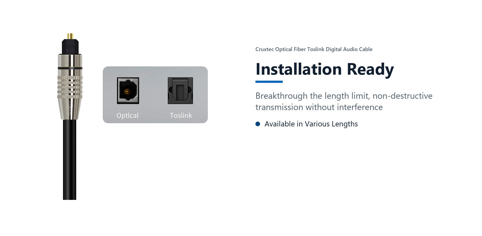 Cruxtec Optical Fiber Toslink Digital Audio Cable (1m) installation ready detail image with verified product information