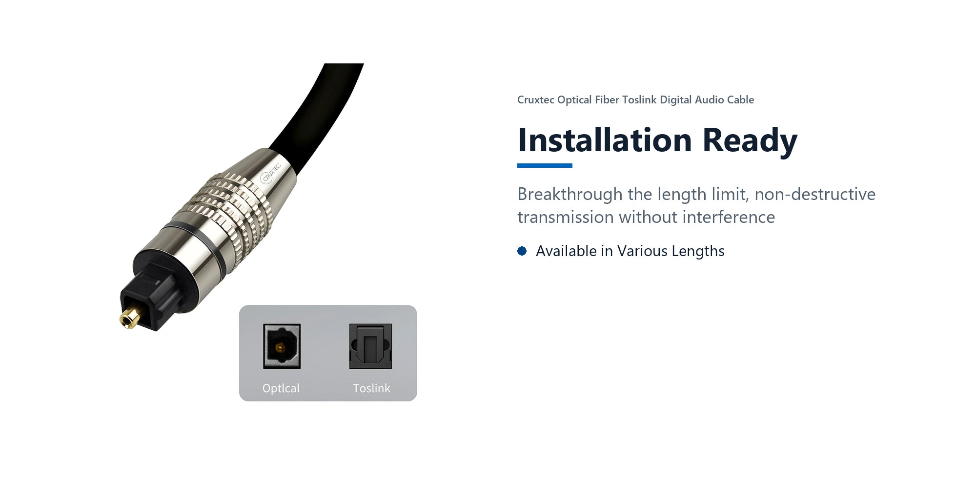 Cruxtec Optical Fiber Toslink Digital Audio Cable (2m) installation ready detail image with verified product information