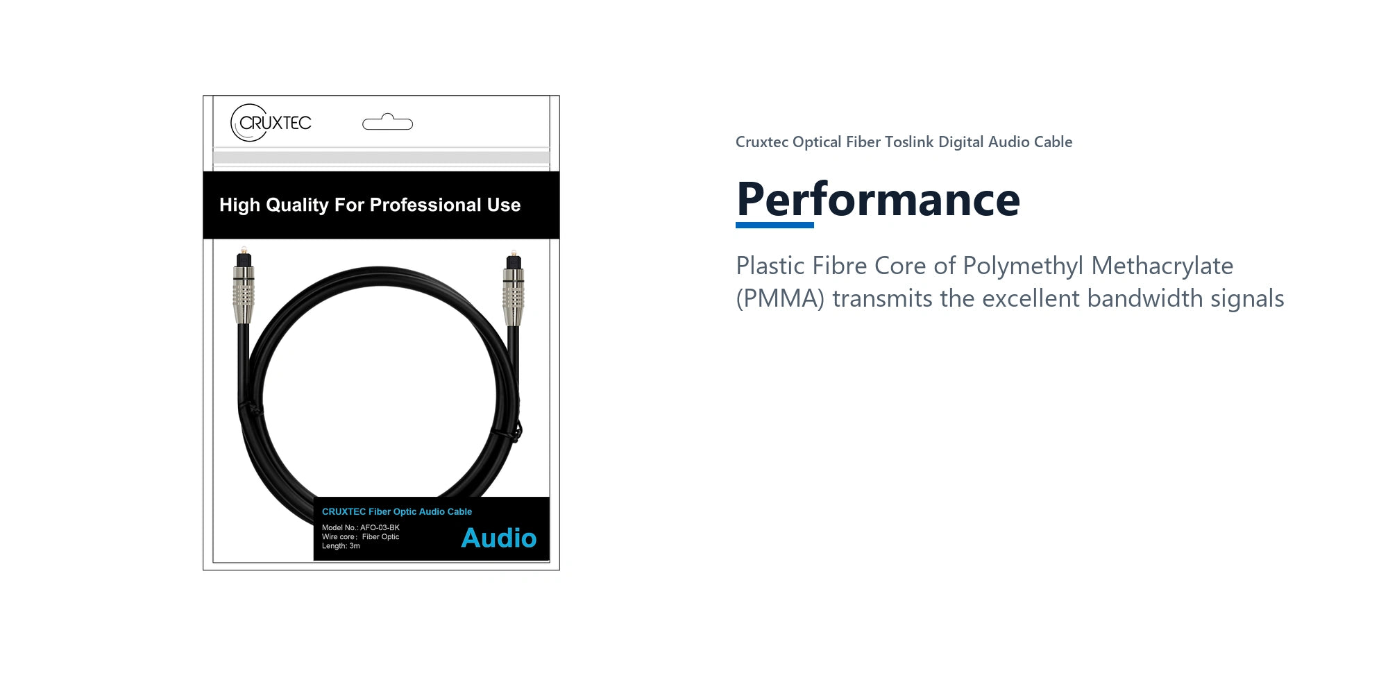 Cruxtec Optical Fiber Toslink Digital Audio Cable (3m) performance detail image with verified product information