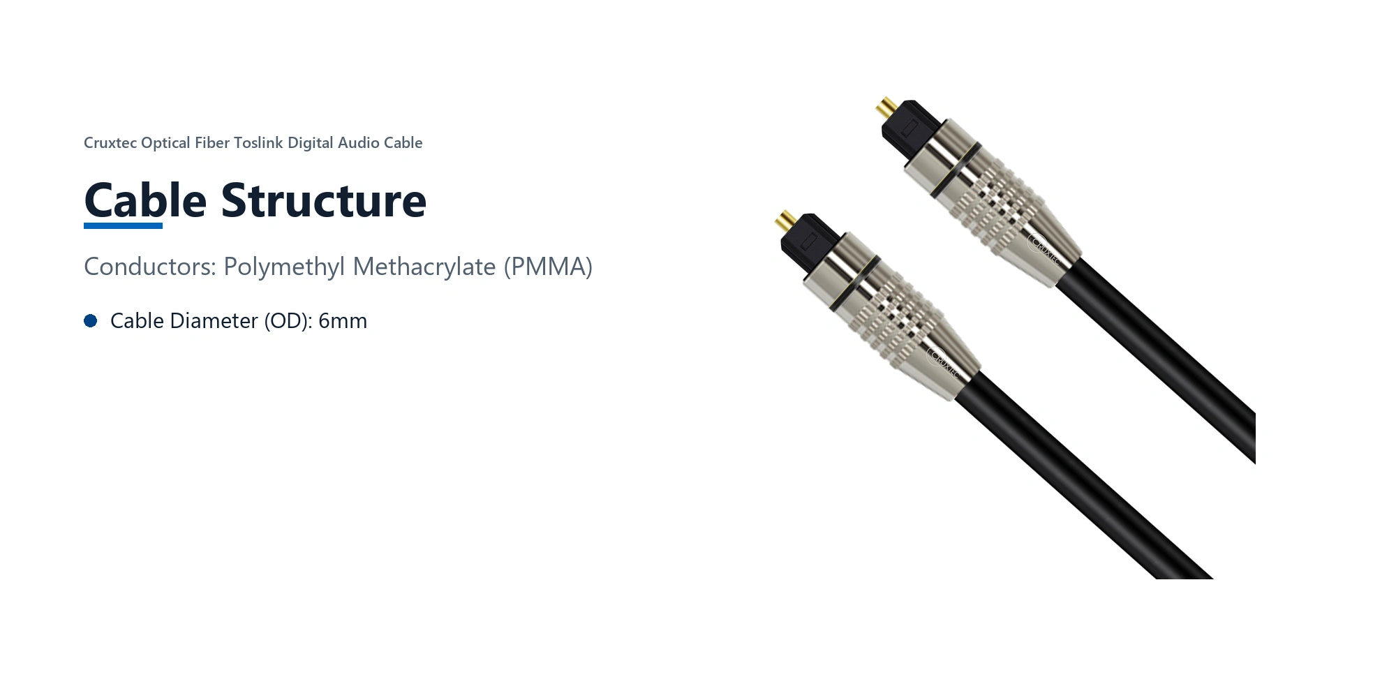 Cruxtec Optical Fiber Toslink Digital Audio Cable (3m) cable structure detail image with verified product information