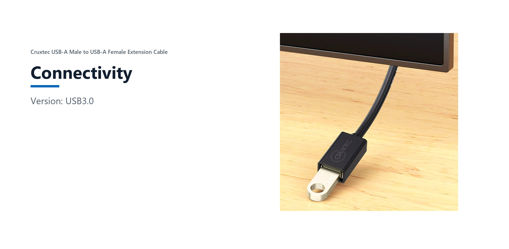 Cruxtec USB-A Male to USB-A Female Extension Cable (1m) connectivity detail image with verified product information