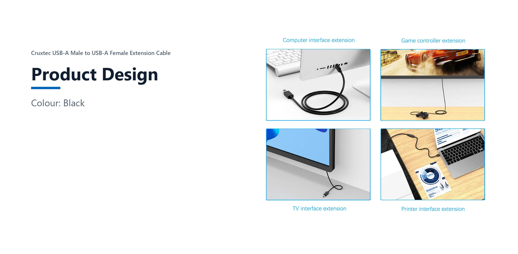 Cruxtec USB-A Male to USB-A Female Extension Cable (2m) product design detail image with verified product information