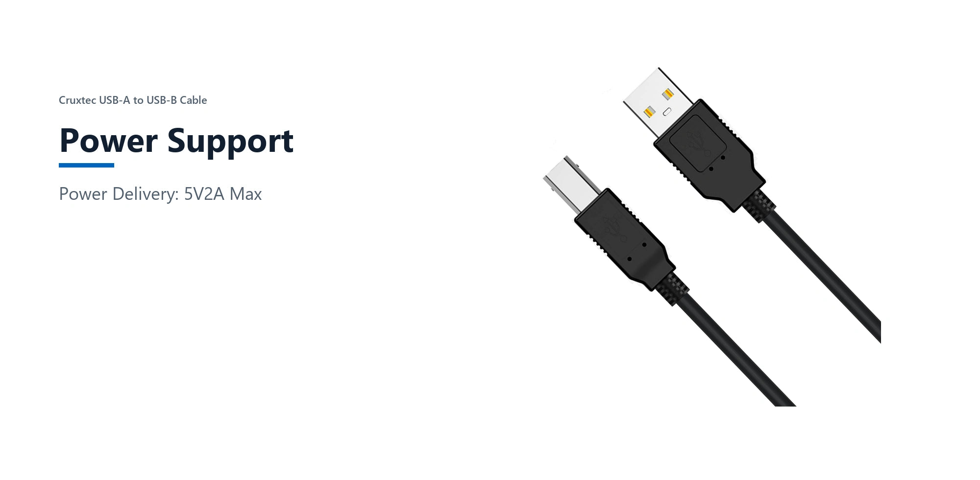 Cruxtec USB-A to USB-B Cable (2m) power support detail image with verified product information