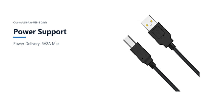 Cruxtec USB-A to USB-B Cable (2m) power support detail image with verified product information