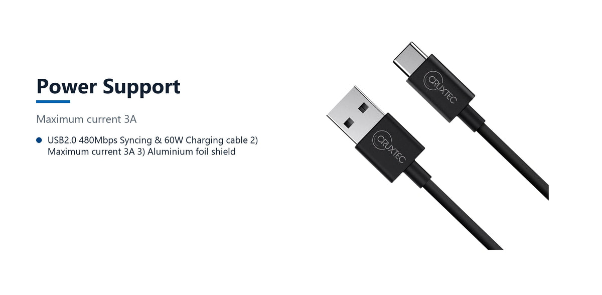 Cruxtec USB-A to USB-C Cable 60W (Black 1m) power support detail image with verified product information