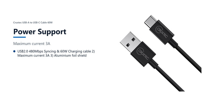 Cruxtec USB-A to USB-C Cable 60W (Black 1m) power support detail image with verified product information