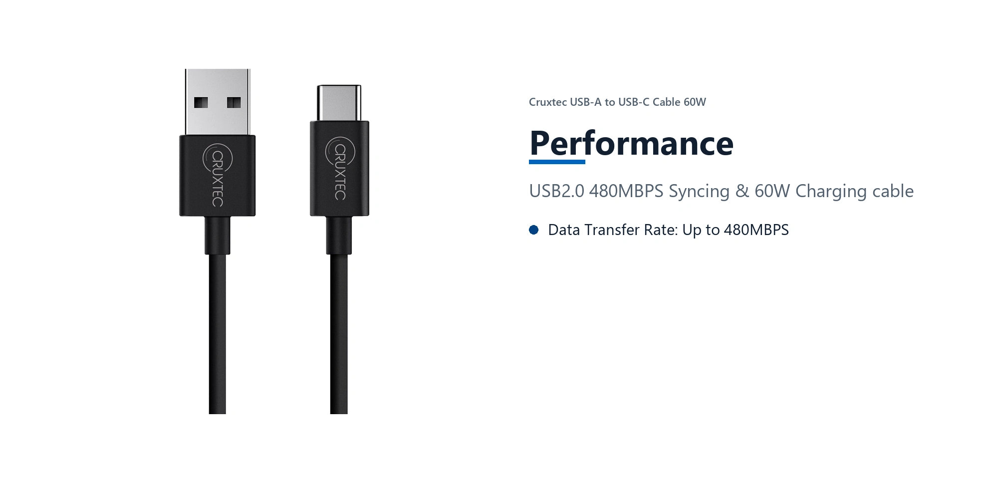 Cruxtec USB-A to USB-C Cable 60W (Black 2m) performance detail image with verified product information