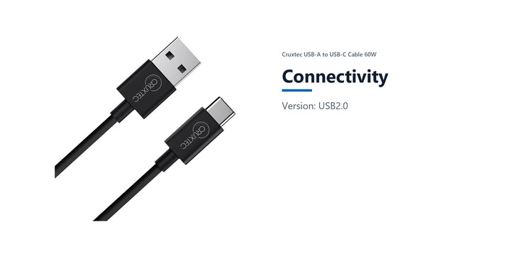 Cruxtec USB-A to USB-C Cable 60W (Black 2m) connectivity detail image with verified product information