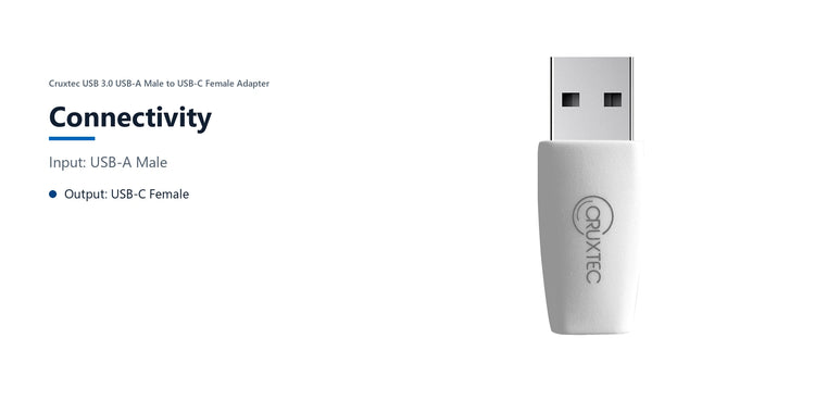 Cruxtec USB 3.0 USB-A Male to USB-C Female Adapter connectivity detail image with verified product information