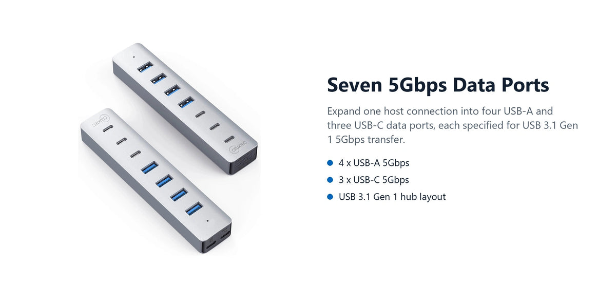 Cruxtec USB 3.1 Gen 1 7-Port Hub 5Gbps (Space Grey) seven 5gbps data ports detail image