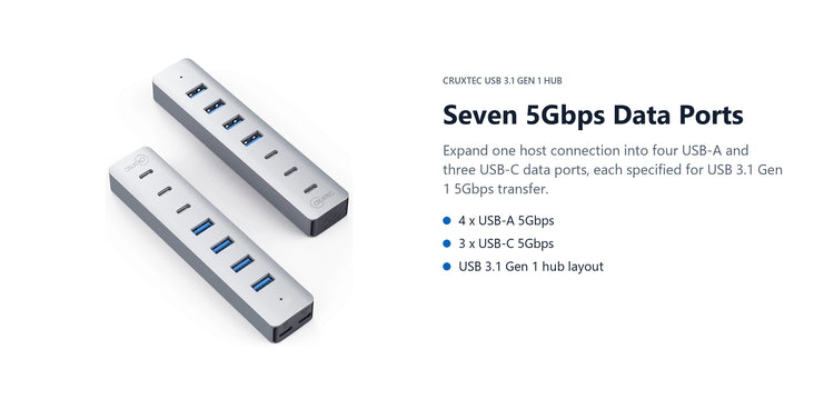 Cruxtec USB 3.1 Gen 1 7-Port Hub 5Gbps (Space Grey) seven 5gbps data ports detail image