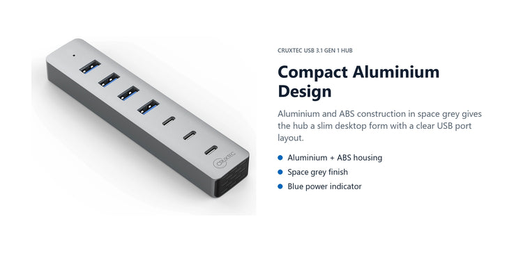 Cruxtec USB 3.1 Gen 1 7-Port Hub 5Gbps (Space Grey) compact aluminium design detail image