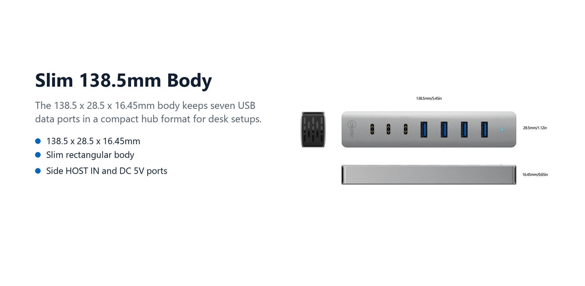 Cruxtec USB 3.1 Gen 1 7-Port Hub 5Gbps (Space Grey) slim 138.5mm body detail image
