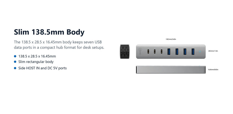 Cruxtec USB 3.1 Gen 1 7-Port Hub 5Gbps (Space Grey) slim 138.5mm body detail image