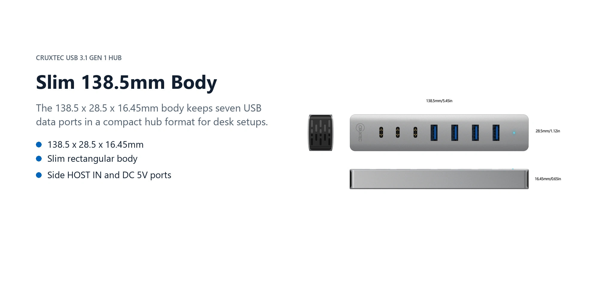 Cruxtec USB 3.1 Gen 1 7-Port Hub 5Gbps (Space Grey) slim 138.5mm body detail image