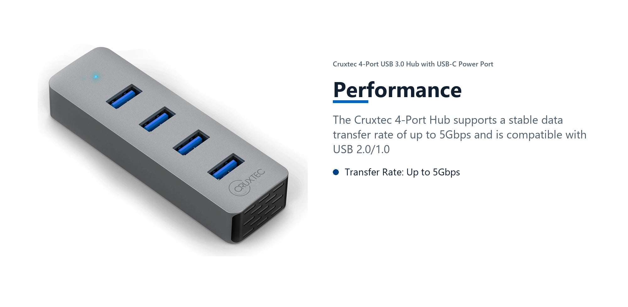 Cruxtec 4-Port USB 3.0 Hub with USB-C Power Port performance detail image with verified product information