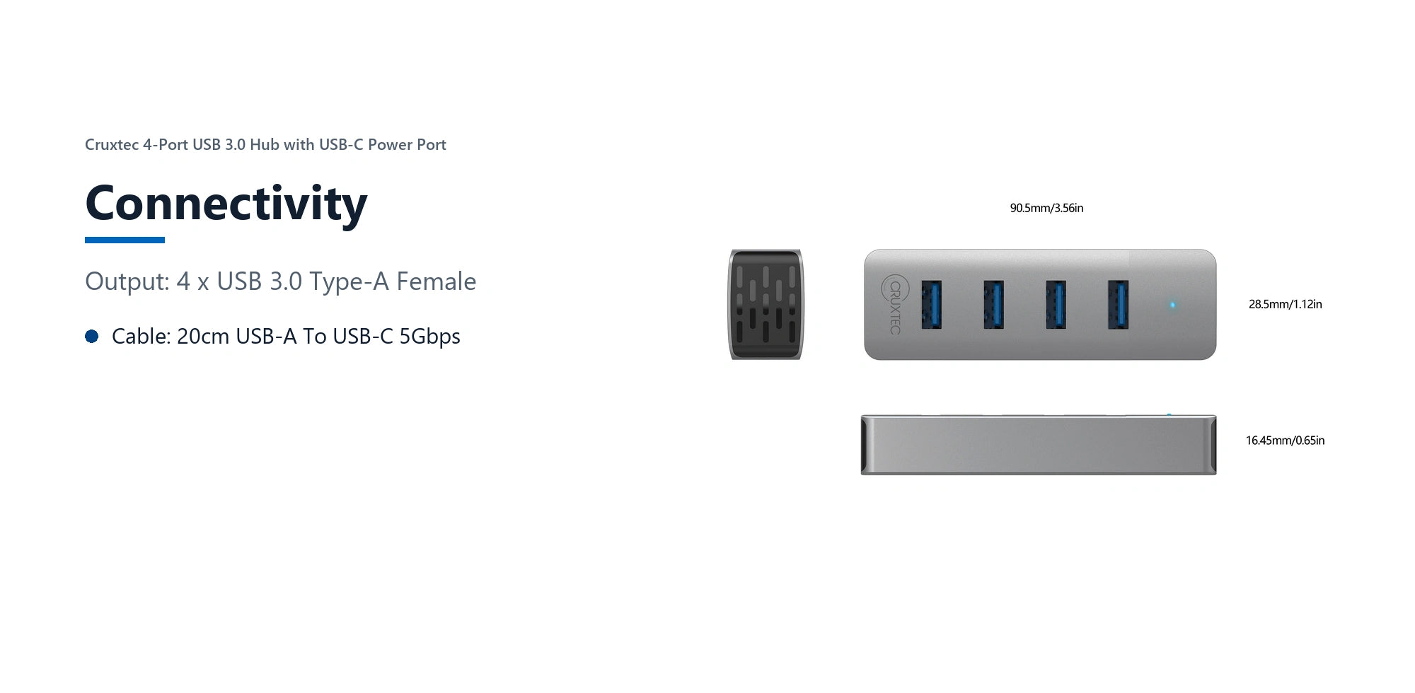Cruxtec 4-Port USB 3.0 Hub with USB-C Power Port connectivity detail image with verified product information