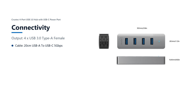 Cruxtec 4-Port USB 3.0 Hub with USB-C Power Port connectivity detail image with verified product information