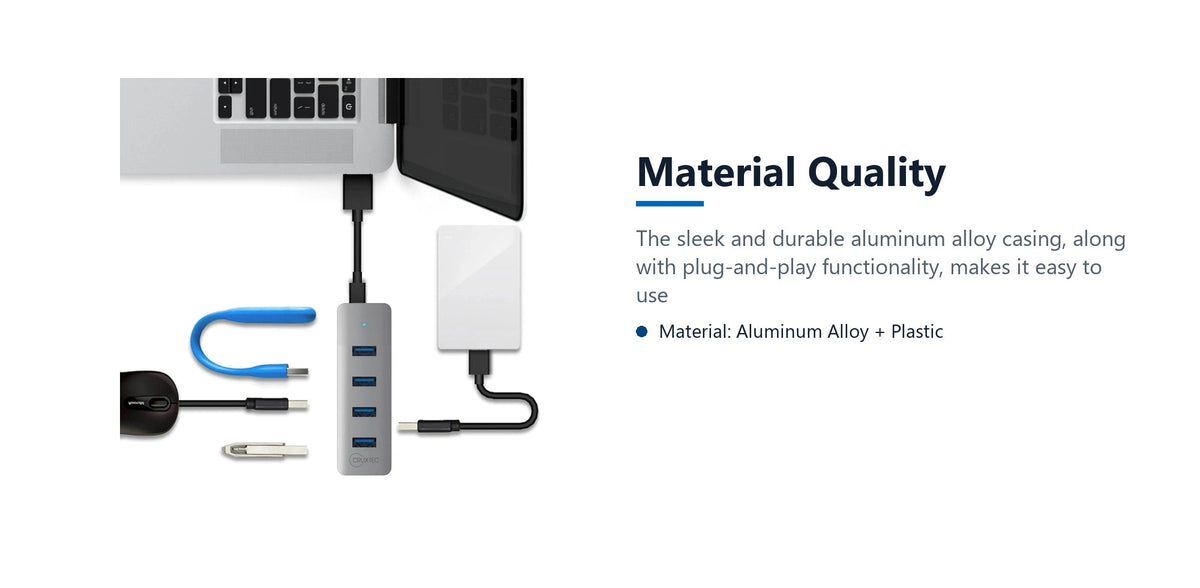 Cruxtec 4-Port USB 3.0 Hub with USB-C Power Port material quality detail image with verified product information
