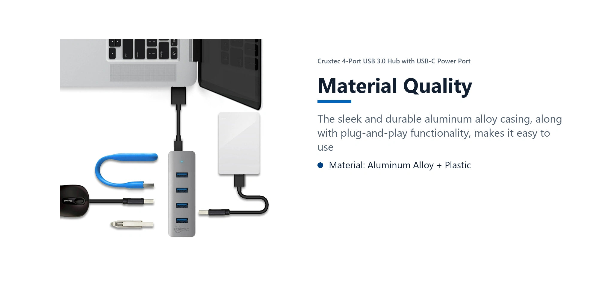 Cruxtec 4-Port USB 3.0 Hub with USB-C Power Port material quality detail image with verified product information