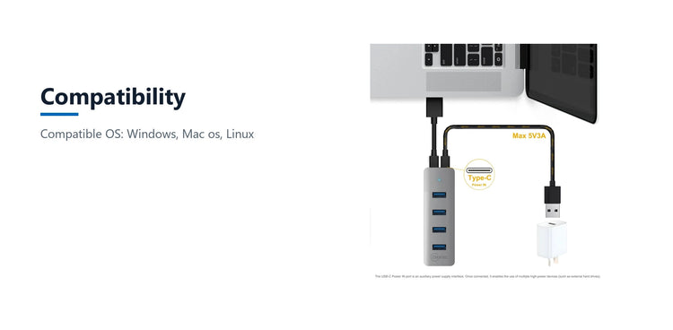 Cruxtec 4-Port USB 3.0 Hub with USB-C Power Port compatibility detail image with verified product information