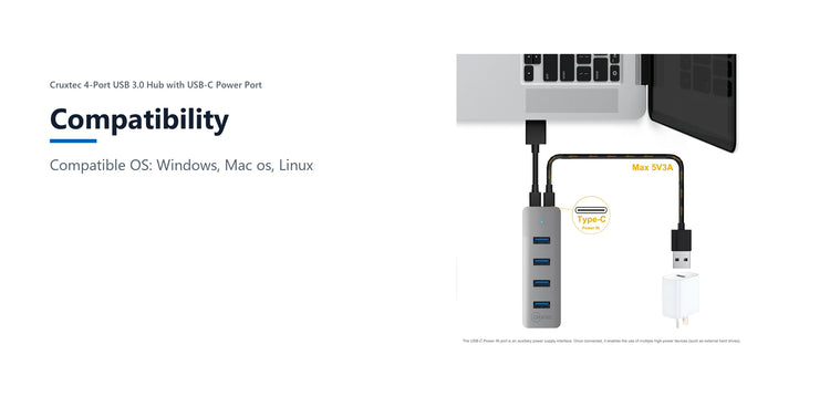 Cruxtec 4-Port USB 3.0 Hub with USB-C Power Port compatibility detail image with verified product information