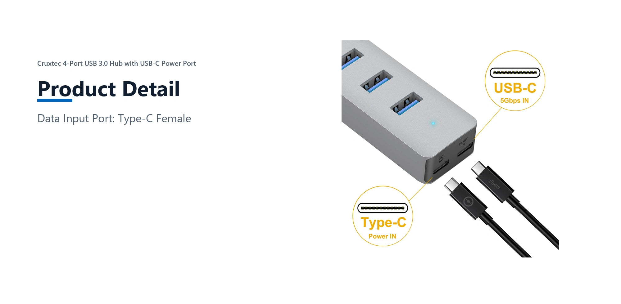 Cruxtec 4-Port USB 3.0 Hub with USB-C Power Port product detail detail image with verified product information