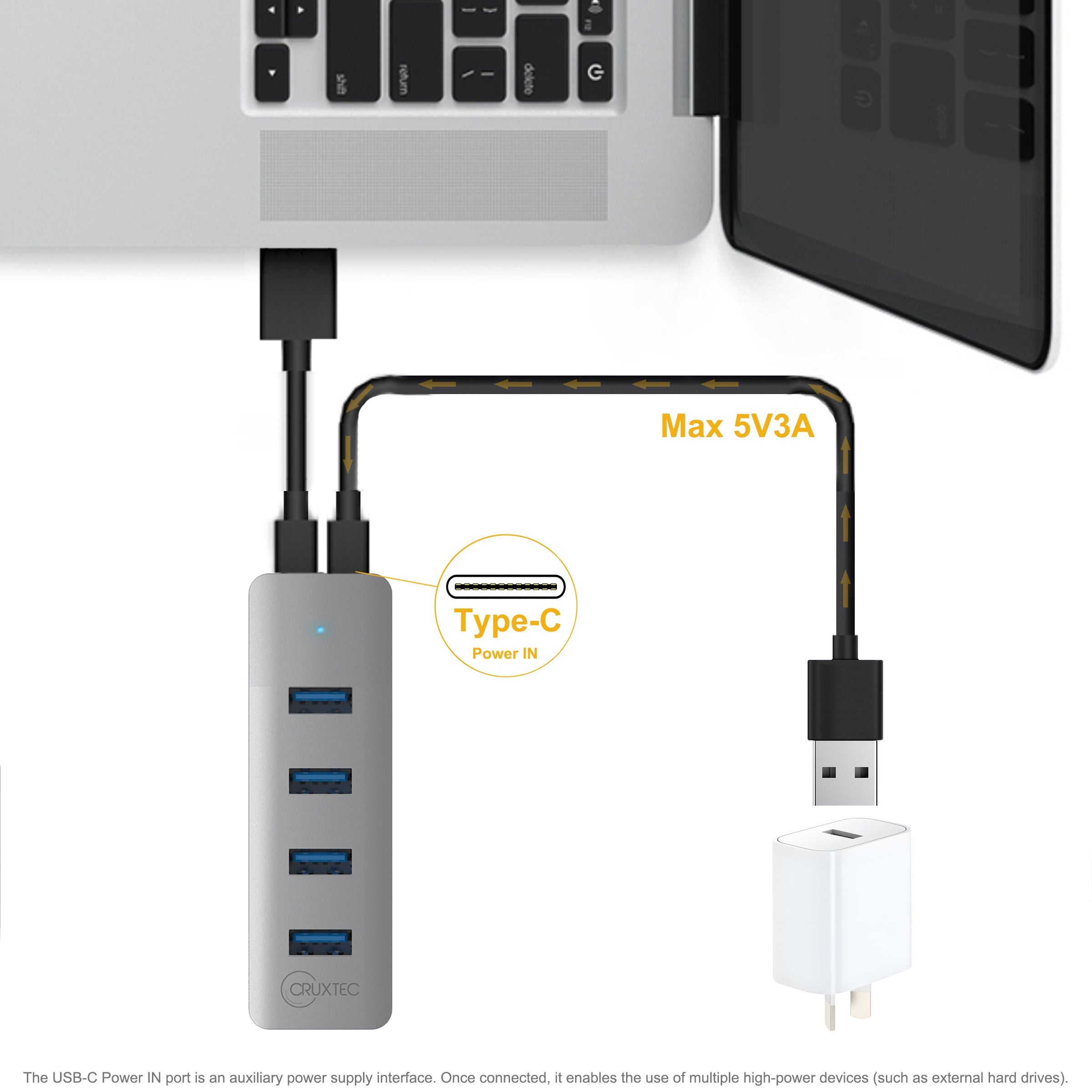 Cruxtec 4-Port USB 3.0 Hub with USB-C Power Port image